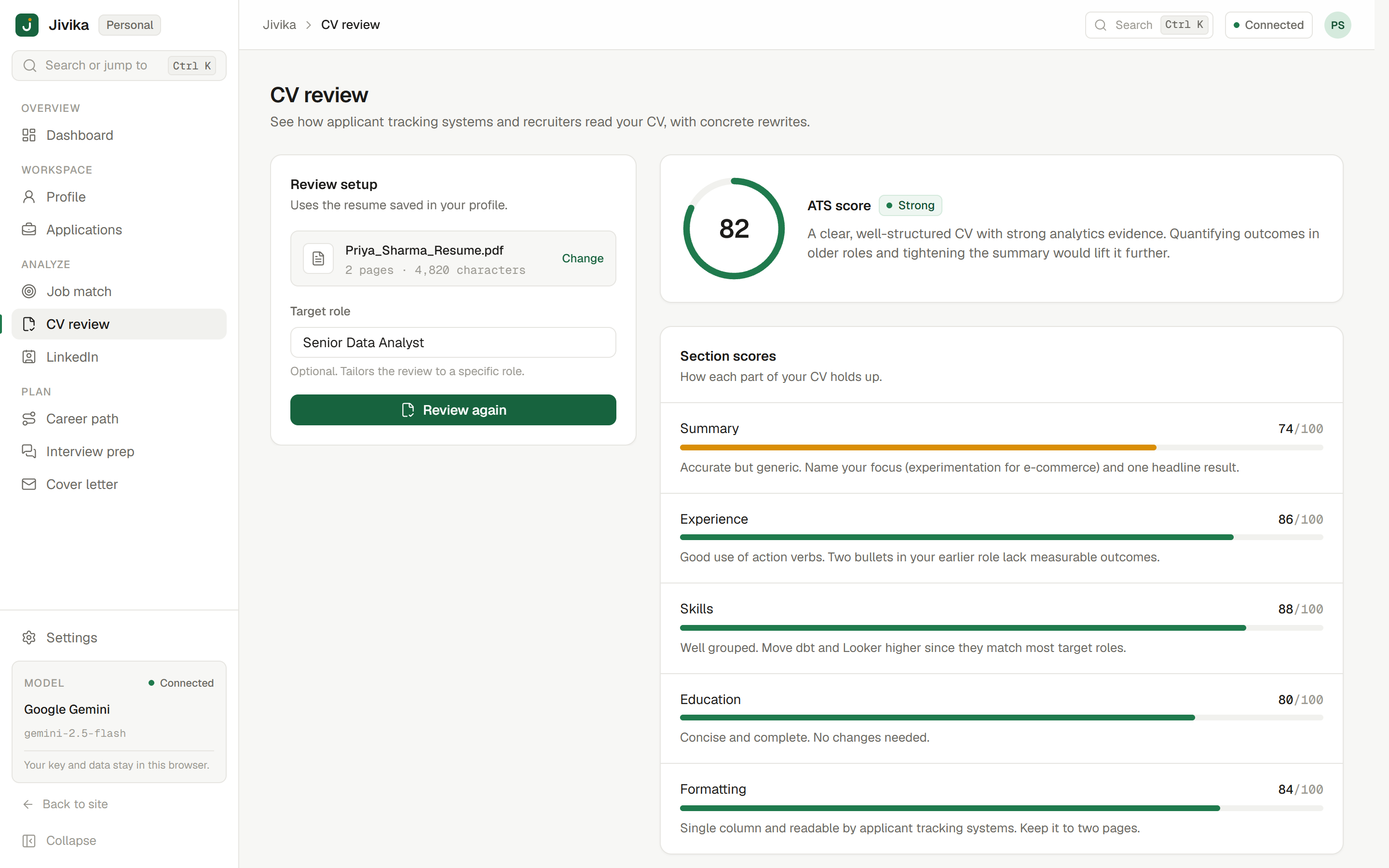 CV review in Jivika showing an ATS-style score and per-section feedback